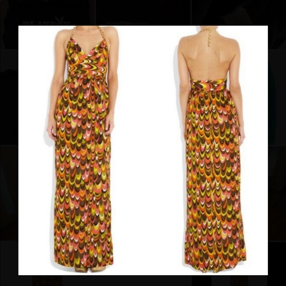 An Original Milly of New York Printed Silk Dress with gold chain halter